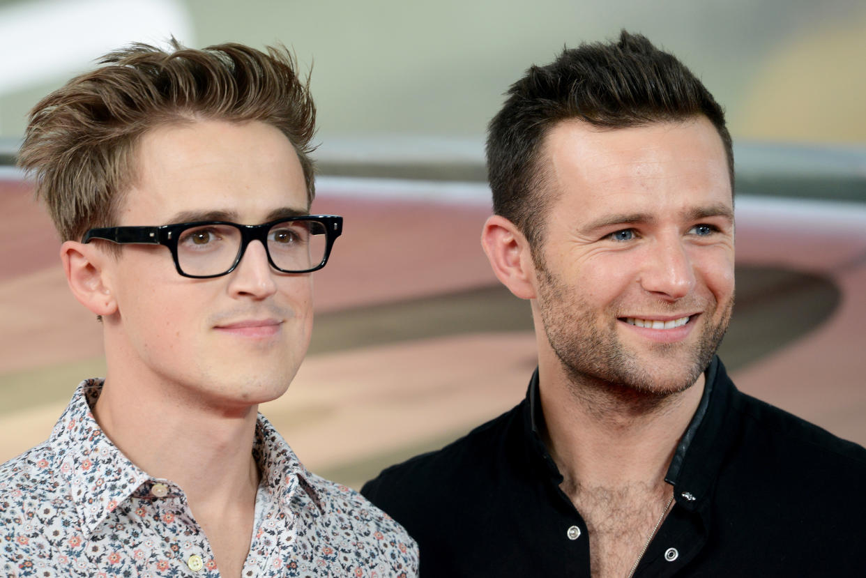 LONDON, ENGLAND - JULY 13:  (L) Tom Fletcher and Harry Judd attend the world premiere of 