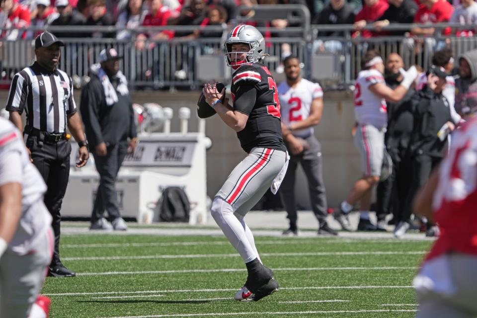 Ohio State quarterback Devin Brown looks to pass on Saturday.