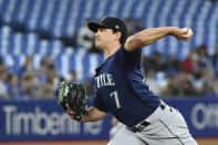 Seattle Mariners starting pitcher Marco Gonzales (7) pitches during the first inning of a baseball game against the Toronto Blue Jays in Toronto on Wednesday, May 18, 2022. (Jon Blacker/The Canadian Press via AP)