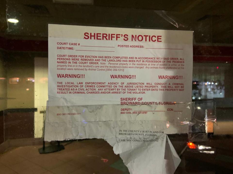 The eviction notice on the door of the Fort Lauderdale Boston Market at 1781 E. Commercial Blvd.