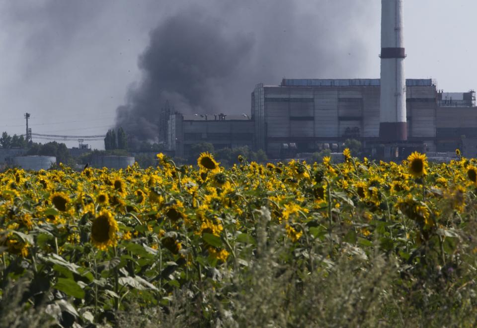 FILE - Smoke from an oil refinery rises over a field of sunflowers near the city of Lisichansk, Luhansk region, eastern Ukraine, July 26, 2014. Global cooking oil prices have been rising since the COVID-19 pandemic began and Russia's war in Ukraine has sent costs spiralling. It is the latest fallout to the global food supply from the war, with Ukraine and Russia the world’s top exporters of sunflower oil. And it's another rising cost pinching households and businesses as inflation soars. (AP Photo/Dmitry Lovetsky, File)