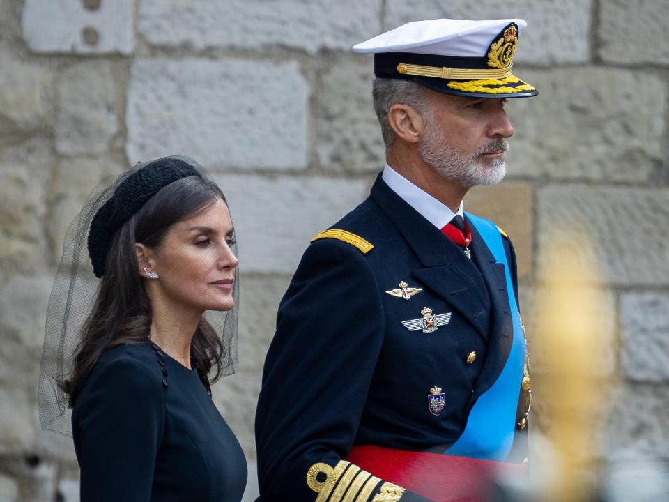 Queen Letizia of Spain and Felipe VI of Spain leave after the state funeral of Queen Elizabeth II at Westminster Abbey on September 19, 2022 in London, England.