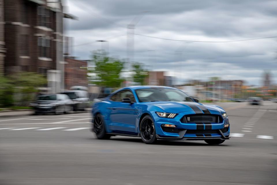 <p>The Shelby's updated grille is from the GT350R. The smaller opening restricts air flow under the hood and reduces front-axle lift by 13 pounds.</p>