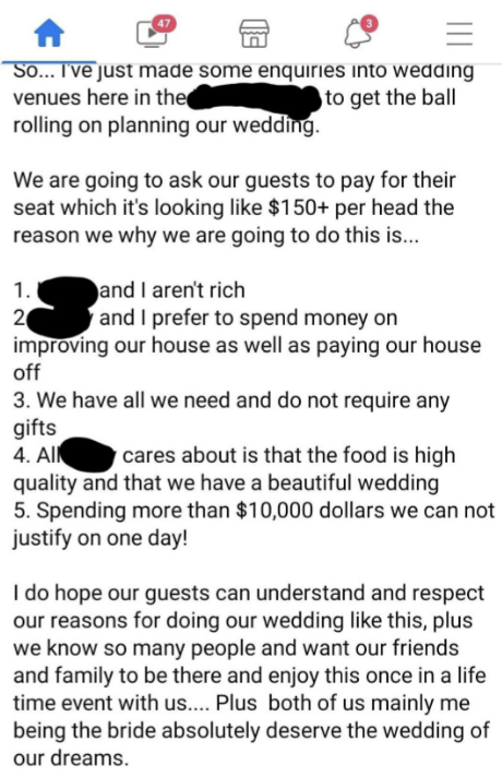 Summarized text: A person discusses preferring to save for a house and pay off debt rather than spend a lot on a wedding. They value experiences over a costly event