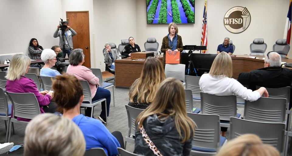 Concerned parents asked questions of Wichita Falls ISD Acting Superintendent Debbie Dipprey after a safety and security meeting Monday morning at the WFISD Administration building. 