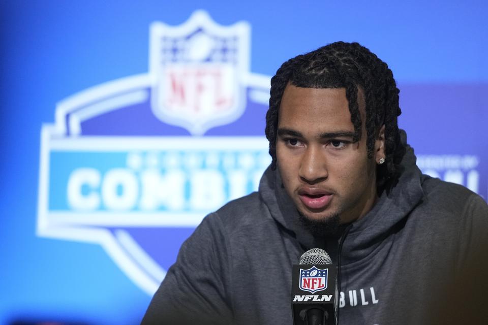 Ohio State quarterback CJ Stroud speaks during a news conference at the NFL football scouting combine in Indianapolis, Friday, March 3, 2023. (AP Photo/Darron Cummings)