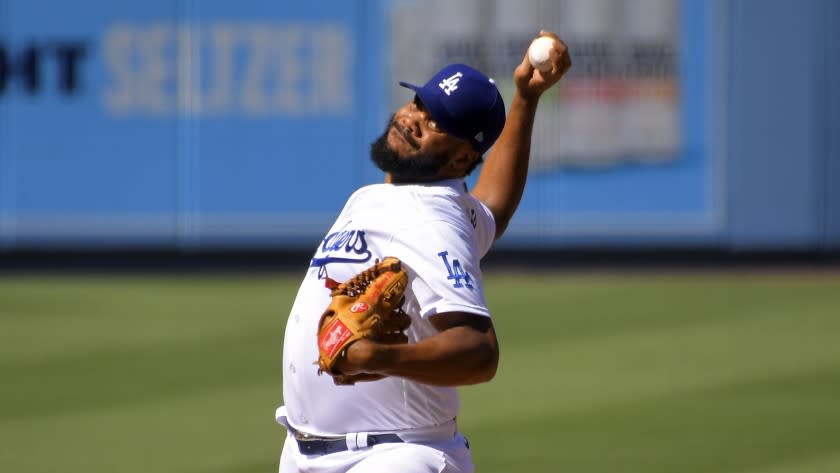 Los Angeles Dodgers relief pitcher Kenley Jansen throws to the plate during the ninth inning of a baseball game against the San Francisco Giants Sunday, Aug. 9, 2020, in Los Angeles. (AP Photo/Mark J. Terrill)