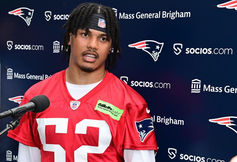 Patriots linebacker Marte Mapu speaks to the media during minicamp in June.