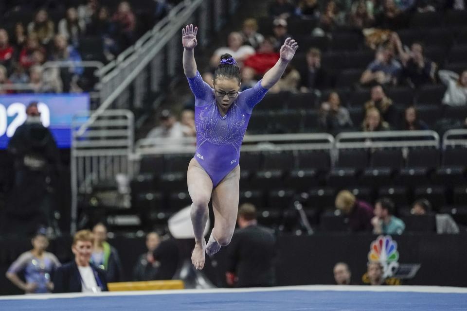 Morgan Hurd of the United States performs on the floor during the America Cup gymnastics competition Saturday, March 7, 2020, in Milwaukee. (AP Photo/Morry Gash)