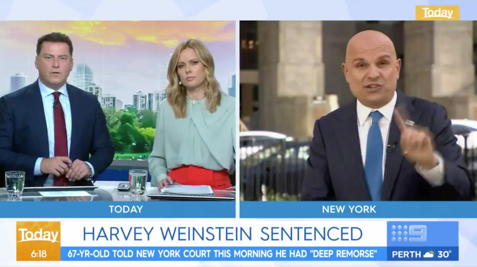 Picture of Today show hosts, Karl Stefanovic and Allison Langdon, crossing live to New York to speak with Harvey Weinstein's lawyer Arthur Aidala.