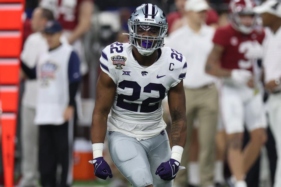 Kansas State (22) linebacker Daniel Green reacts after recording a quarterback sack in the Sugar Bowl on Dec. 31 at Caesars Superdome in New Orleans. Green decided in January to return to K-State for a super-senior fifth season.