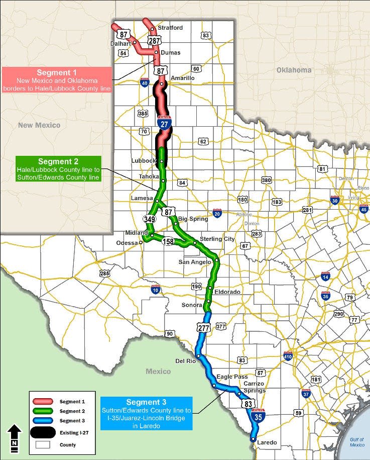 Map of the I-27 Corridor study initiated by the Texas Legislature in 2020. The "mainline" I-27 route will start from the existing I-27 from Lubbock, following US 87 to Big Spring, San Angelo, to US 277 to Del Rio and US 83 to Laredo