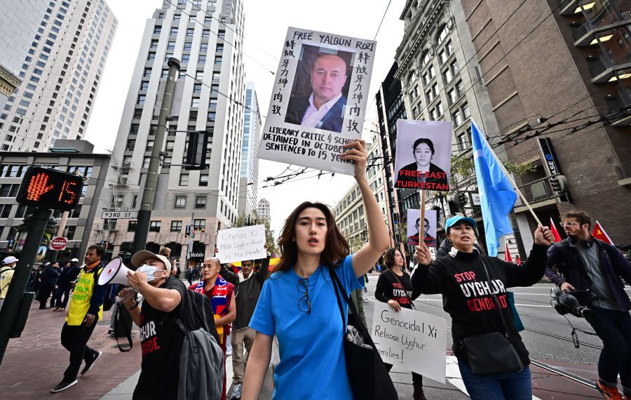 Demonstrators representing Tibetans and Uyghurs protest during the Asia-Pacific Economic Cooperation (APEC) Leaders’ Week in San Francisco on November 15, 2023. (Photo by Frederic J. BROWN / AFP)