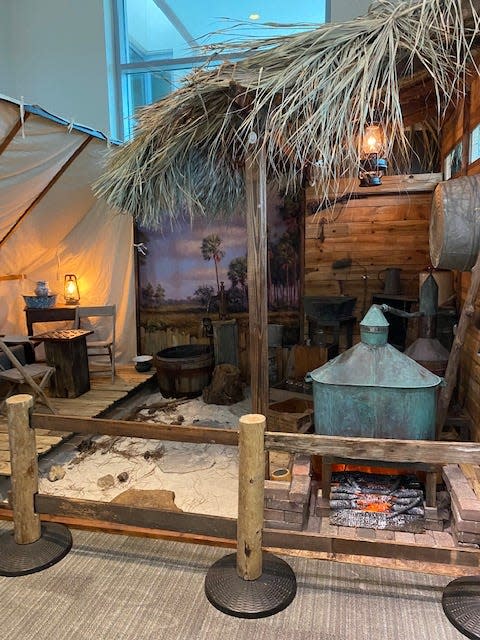 A replica of one of the Ashley Gang's swamp hideouts includes an actual still used by the gang to make moonshine.