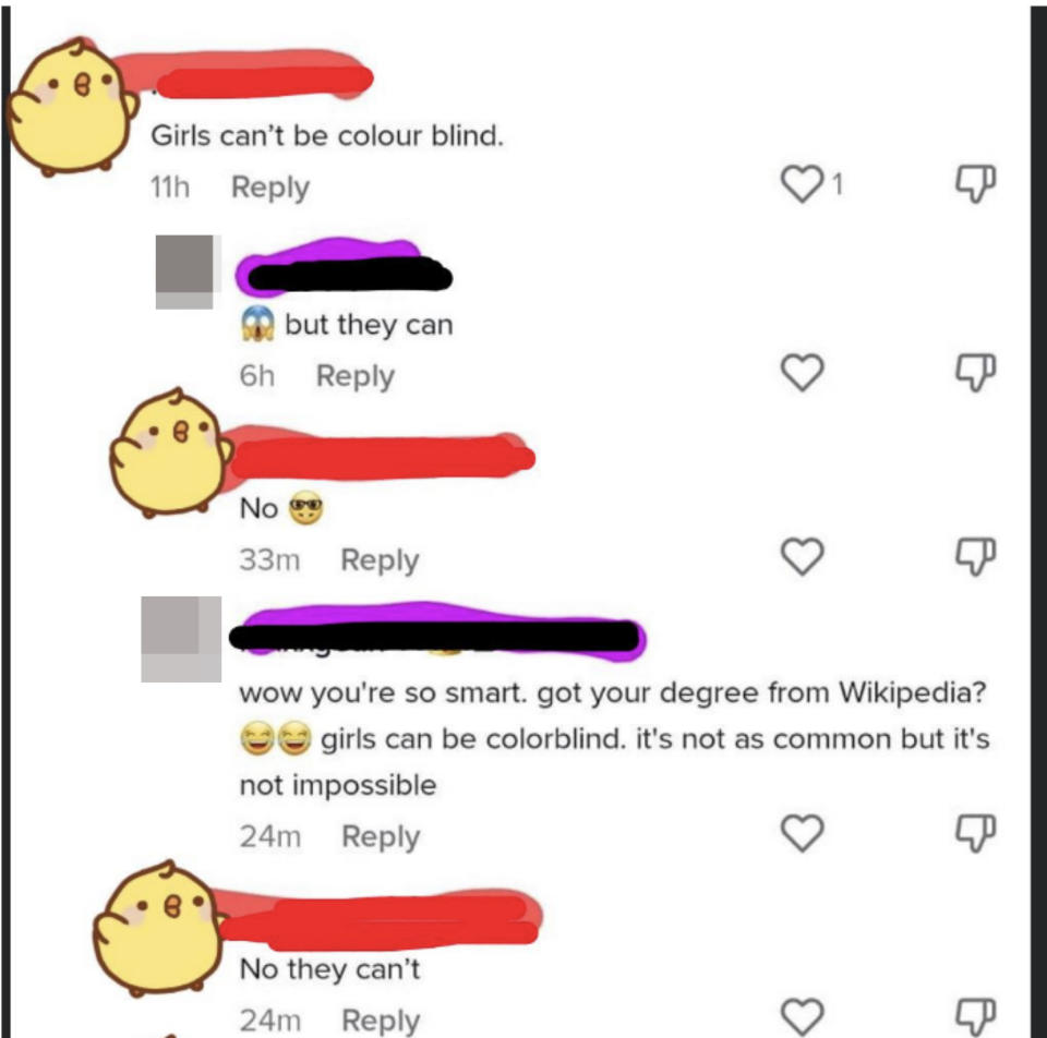 An account claims women can't be colorblind, doubles down on the claim, and then when someone says it's less common but not impossible, they again say "no they can't"