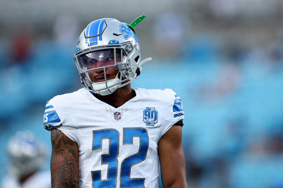 Lions safety Brian Branch looks on prior to a preseason game against the Panthers on Friday, Aug. 25, 2023, in Charlotte, North Carolina.