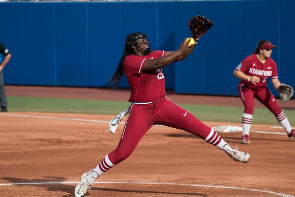 May 30, 2024; Oklahoma City, OK, USA; Stanford Cardinals starting pitcher NiJaree Canady (24) pitches in the first inning against the Texas Longhorns during a Women's College World Series softball game at Devon Park. Mandatory Credit: Brett Rojo-USA TODAY Sports