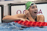 Tatjana Schoenmaker of South Africa smiles after her heat in the women's 200-meter breaststroke at the 2020 Summer Olympics, Wednesday, July 28, 2021, in Tokyo, Japan. (AP Photo/Matthias Schrader)