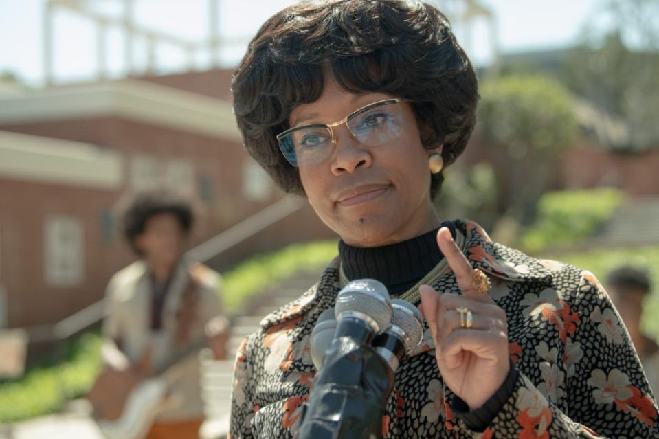 Regina King portrays Congress member and presidential candidate Shirley Chisholm in “Shirley,” a film she produced along with others. (Photo by Glen Wilson/Netflix © 2023)