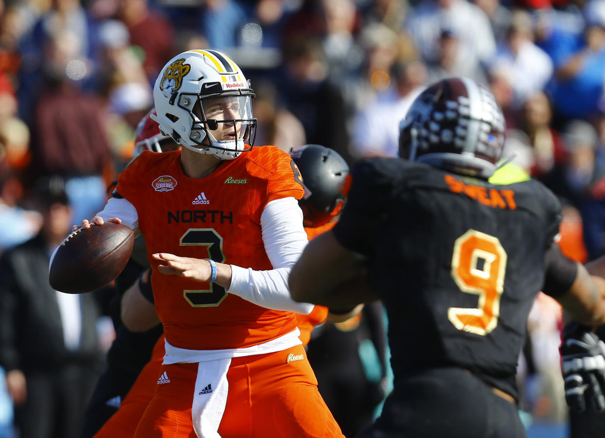 North quarterback Drew Lock of Missouri (3) throws a pass during the first half of the Senior Bowl college football game, Saturday, Jan. 26, 2019, in Mobile, Ala. (AP Photo/Butch Dill)