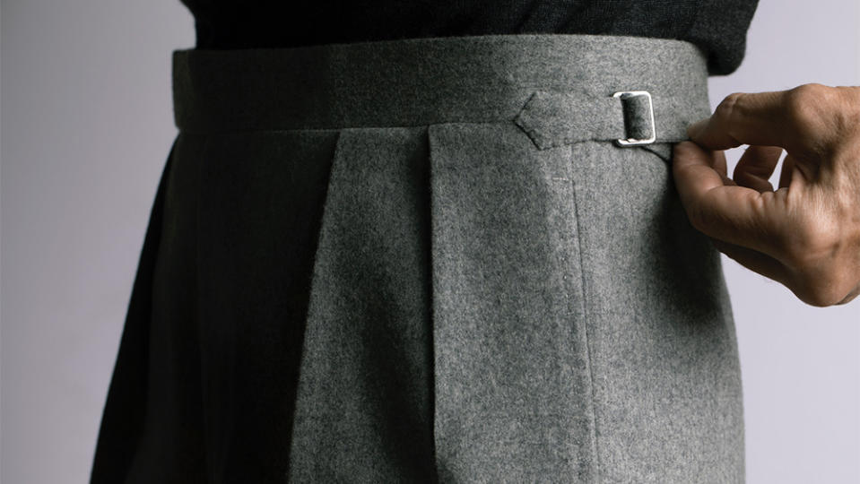 Sharply tailored forward pleats from Paolo Martorano. - Credit: Paolo Martorano