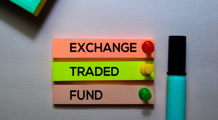 close-up of the phrase "exchange traded fund" on three colorful papers pinned to a wall by colorful pushpins