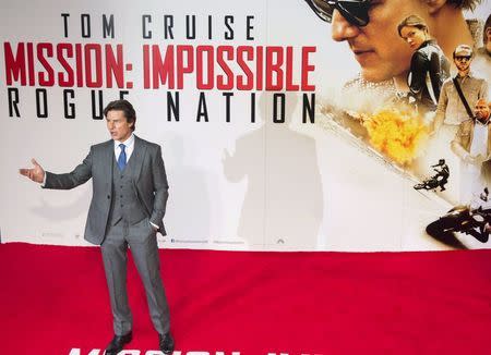 U.S. actor Tom Cruise poses for photographers at a British screening of the film "Mission Impossible: Rogue Nation" in London, Britain July 25, 2015. REUTERS/Neil Hall