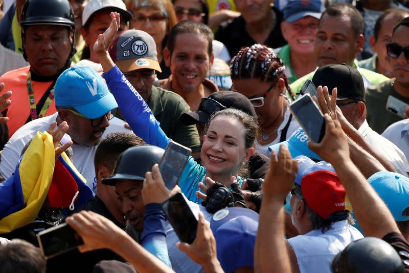 FILE PHOTO: Venezuelan opposition presidential candidate Maria Corina Machado addresses supporters, in Carabobo State