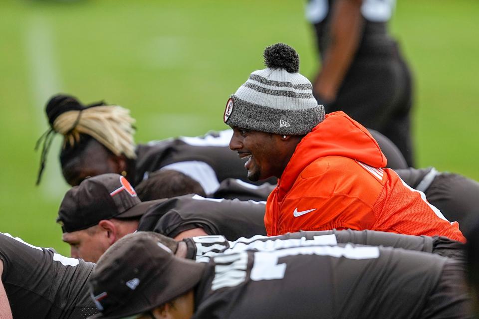 Cleveland Browns quarterback Deshaun Watson runs drills at their team's NFL football training camp facility on Saturday, July 22, 2023, in White Sulphur Springs, W.V. (AP Photo/Chris Carlson)