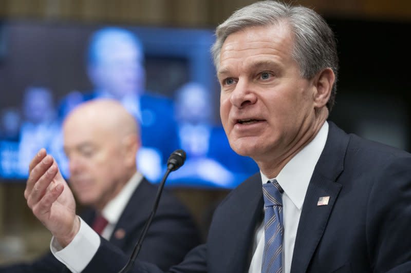 Director of the Federal Bureau of Investigation Christopher Wray testifies during a Senate hearing on homeland threats at the U.S. Capitol in Washington, D.C., on Tuesday. Photo by Bonnie Cash/UPI