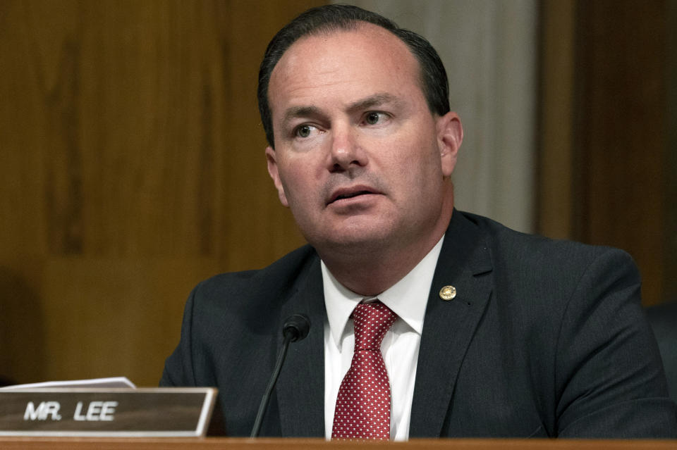 Judiciary Subcommittee on Antitrust, Competition Policy and Consumer Rights Chair Sen. Mike Lee, R-Utah, speaks during a hearing to examine whether Google harmed competition in online advertising, Tuesday, Sept. 15, 2020, on Capitol Hill in Washington. (AP Photo/Jacquelyn Martin)