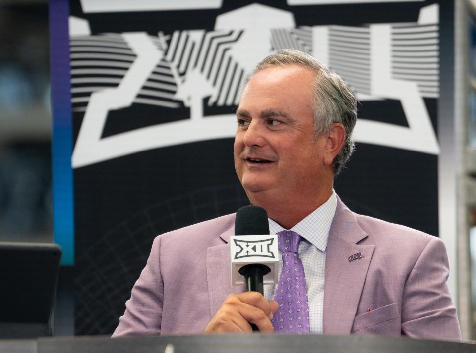 TCU coach Sonny Dykes talks with ESPN during Big 12 Media Day on Wednesday at AT&T Stadium in Arlington, Texas.