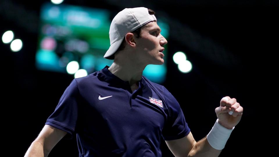 Great Britain's Jack Draper clenches his fist in celebration during Davis Cup quarter-final tie against Serbia in 2023