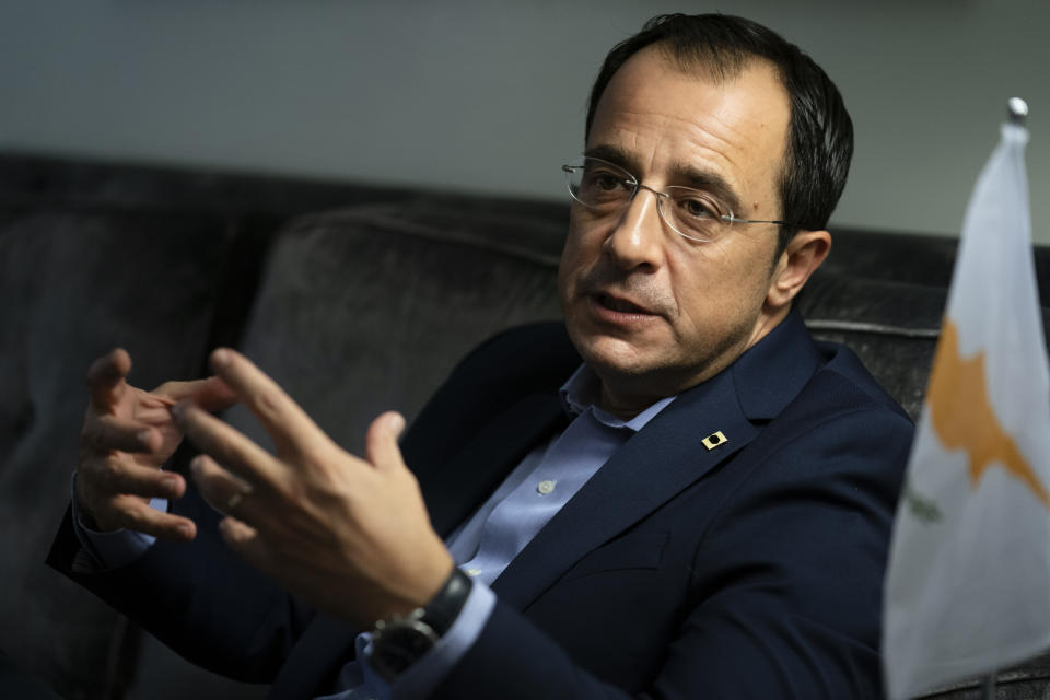 Cyprus Foreign Minister Nikos Christodoulides is interviewed on the sidelines of the 76th Session of the United Nations General Assembly, Monday, Sept. 27, 2021, in New York. (AP Photo/John Minchillo)