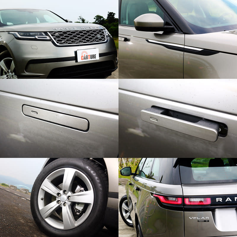 Range Rover Velar 保有了Range Rover蜂巢式水箱護罩、前葉子鈑飾條、深刻腰線等經典元素，而自動伸縮式車門把手則是全心特色。