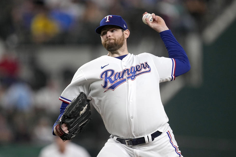 Texas Rangers starting pitcher Jordan Montgomery throws to the Boston Red Sox in the first inning of a baseball game in Arlington, Texas, Monday, Sept. 18, 2023. (AP Photo/Tony Gutierrez)