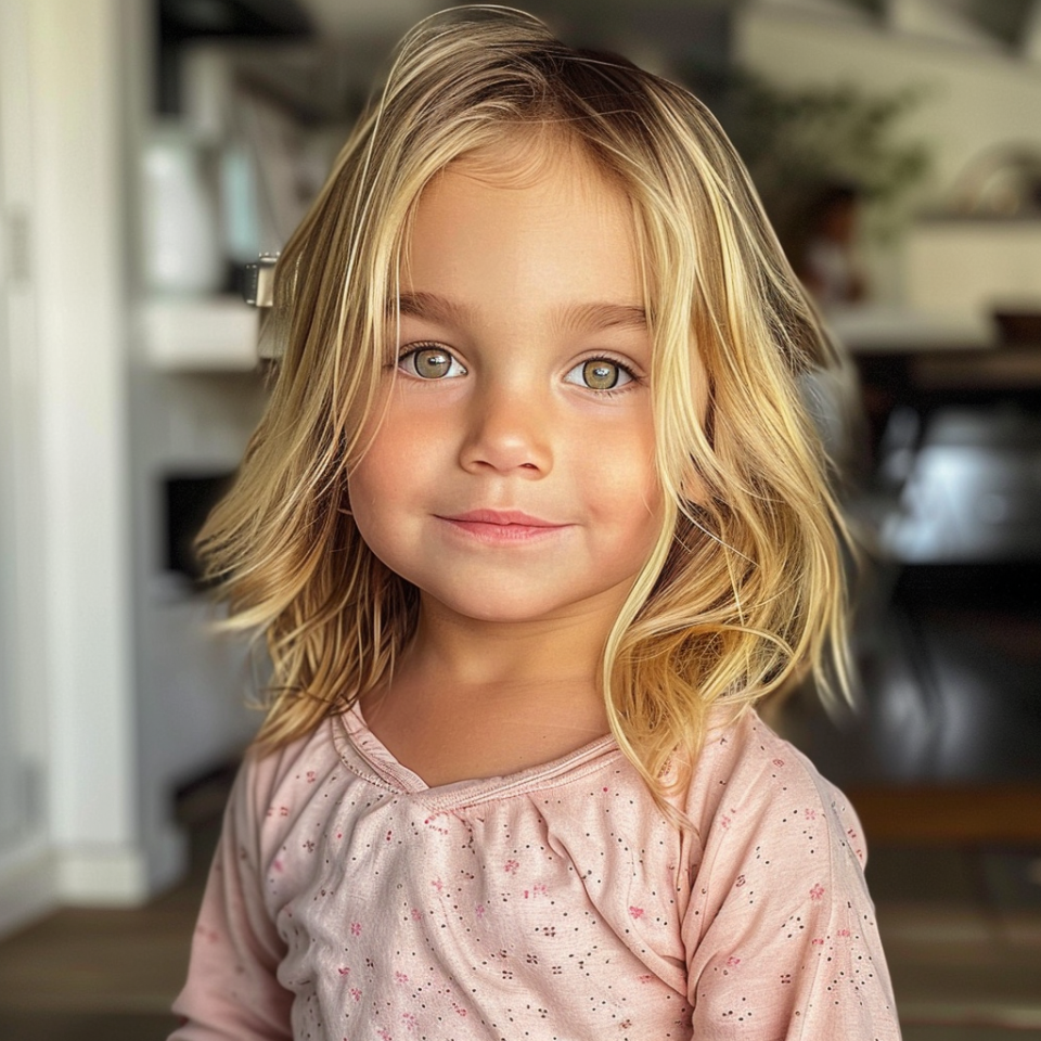 Child with shoulder-length hair, in a pink shirt, looking at the camera. The background is a blurred interior