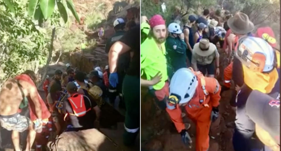 It took hours and a team of SES volunteers and other tourists to get him out of the bottom of the gorge. Source: 7 News