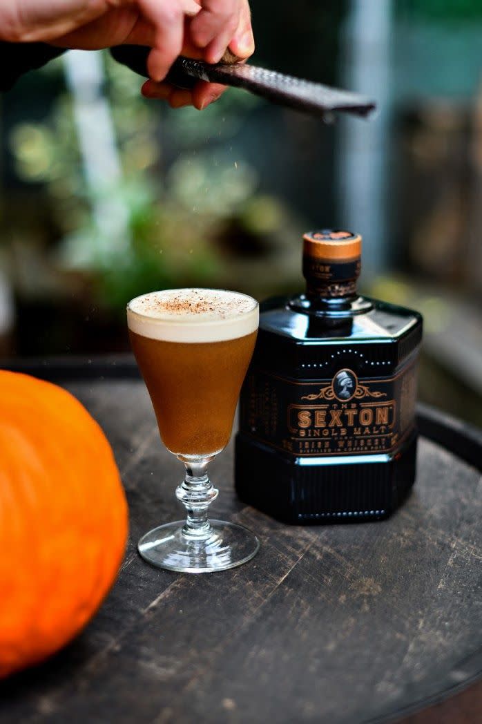 <p><strong>Ingredients</strong></p><p>1.5 oz The Sexton whiskey<br>.5 oz Benedictine <br>.75 oz cold brew coffee<br>1 tsp maple syrup<br>1 egg white </p><p><strong>Instructions</strong></p><p>Shake vigorously with ice, strain into a large coupe. Garnish with grated cinnamon.</p><p>B<em>y Garret Richard</em></p>