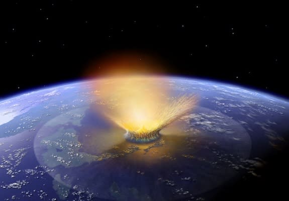 An artist’s illustration of a massive asteroid impact on earth. Some single-celled organisms may be able to survive extreme impacts such as these, scientists say.