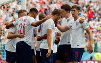 <p>England’s Harry Kane celebrates with team mates after scoring their fifth goal REUTERS/Carlos Barria </p>