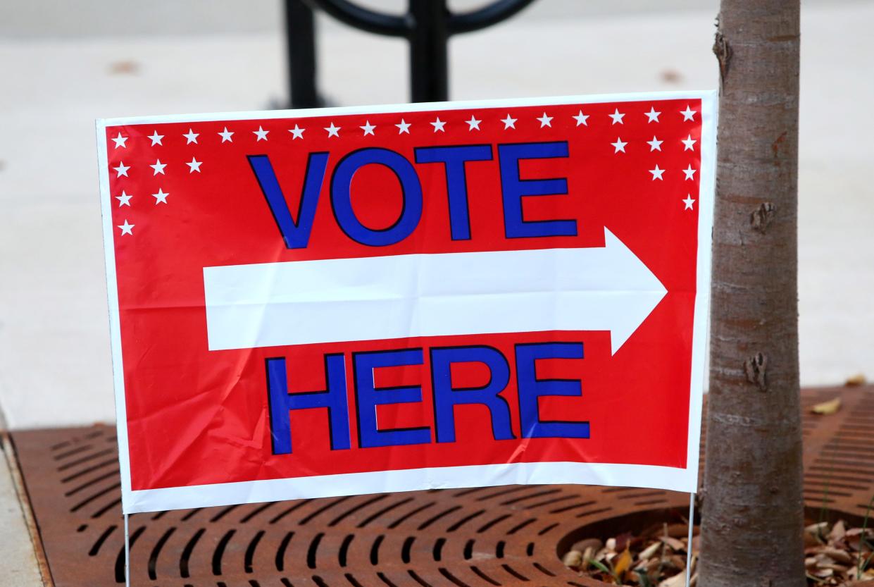 A sign shows where people can vote Tuesday, Nov. 7, 2023, at the first-floor ballroom at the St. Joseph County Public Library on South Michigan Street in South Bend.