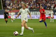 May 16, 2019; St. Louis , MO, USA; New Zealand forward Paige Stachell (19) handles the ball during the second half against USA during a Countdown to the Cup Women's Soccer match at Busch Stadium. Jeff Curry-USA TODAY Sports