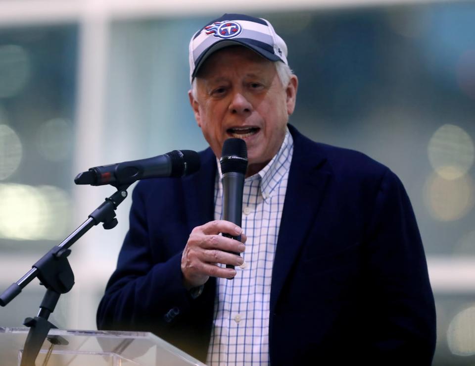Phil Bredesen speaks during a rally Saturday, October 27, 2018, at Nissan Stadium's West Club Level which celebrated the Titans and Predators who came to Nashville when he was mayor.