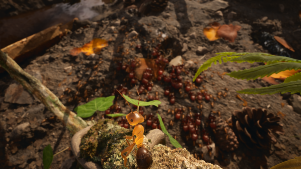 Gameplay screenshot from the RTS Empire of the Ants.  An ant (bottom center, foreground) stands on a ledge overlooking a colony roaming below.