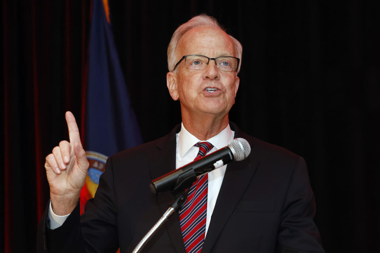 U.S. Sen. Jerry Moran gives a victory speech at an election party in Overland Park, Kan., Nov. 8, 2022. (AP Photo/Colin E. Braley)