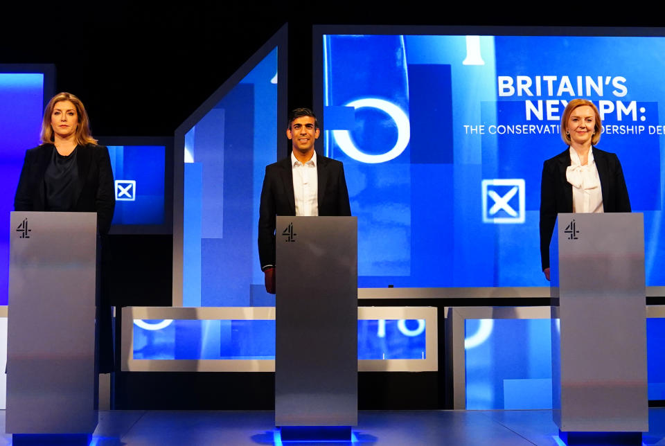 (Left-right) Penny Mordaunt, Rishi Sunak and Liz Truss at Here East studios in Stratford, east London, before the live television debate for the candidates for leadership of the Conservative party, hosted by Channel 4. Picture date: Friday July 15, 2022. (Photo by Victoria Jones/PA Images via Getty Images)