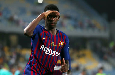 Foto del domingo del delantero Ousmane Dembele celebrando tras marcar el segundo gol del Barcelona en la Supercopa de España. Ago 12, 2018. REUTERS/Sergio Perez Barcelona's celebrates scoring their second goal REUTERS/Sergio Perez