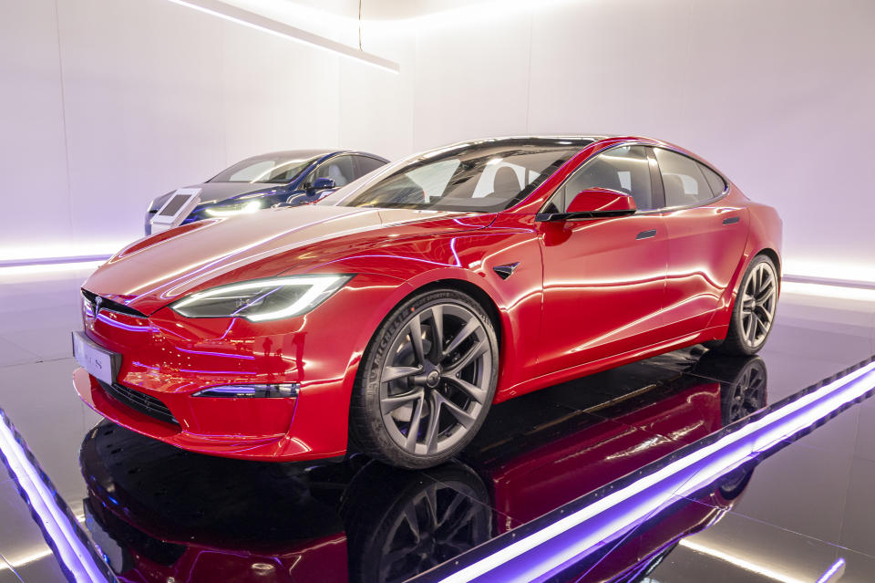 BRUSSELS, BELGIUM - JANUARY 13: Tesla Model S Plaid full electric sedan at Brussels Expo on January 13, 2023 in Brussels, Belgium. The Plaid version of the Model S is a fast accelerating version of the Model S fitted with carbon spoiler and brake system upgrades (Photo by Sjoerd van der Wal/Getty Images)