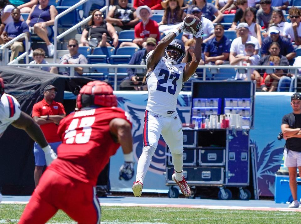 Running back Gemari Sands (23) catches a pass during the Spring Game at FAU Stadium on Saturday, April 13, 2024, in Boca Raton, FL.